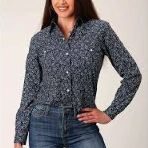 Roper Blue Patterned Button Down Shirt, size L